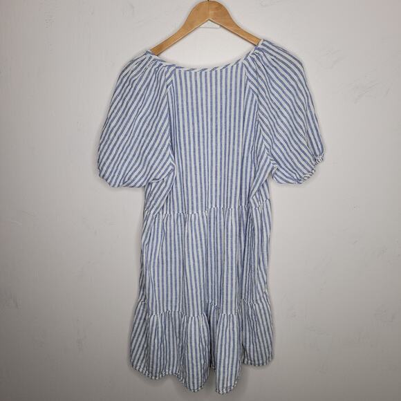 Beach Lunch Lounge Linen Dress Large Tiered Blue White Striped Puff Cottagecore - Picture 2 of 10